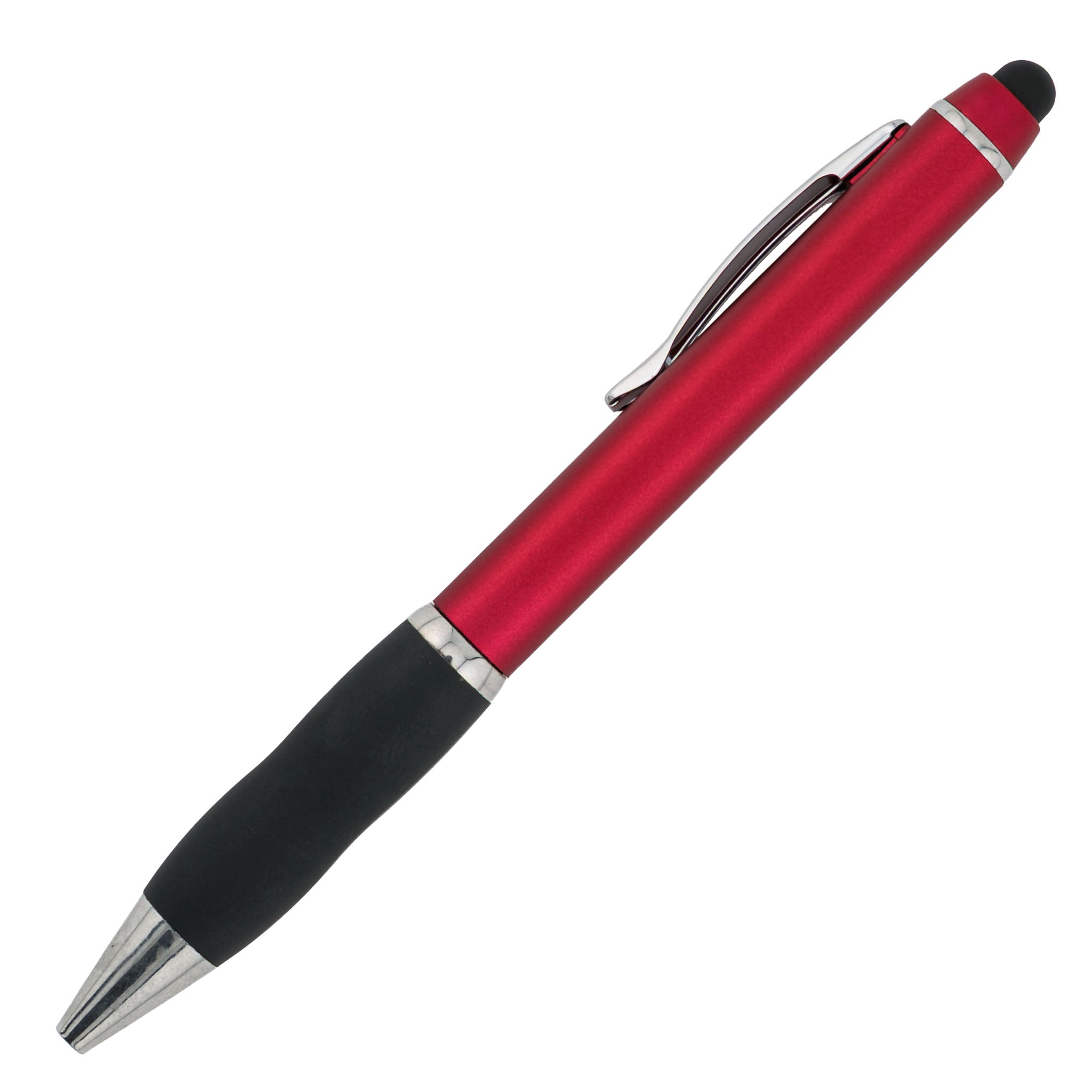 The PensXpress Xpress Stylus Gripper is a red and black ballpoint pen with a silver clip and tip, black rubber grip, and stylus end—ideal for custom promotional pens. Shown on a white background.