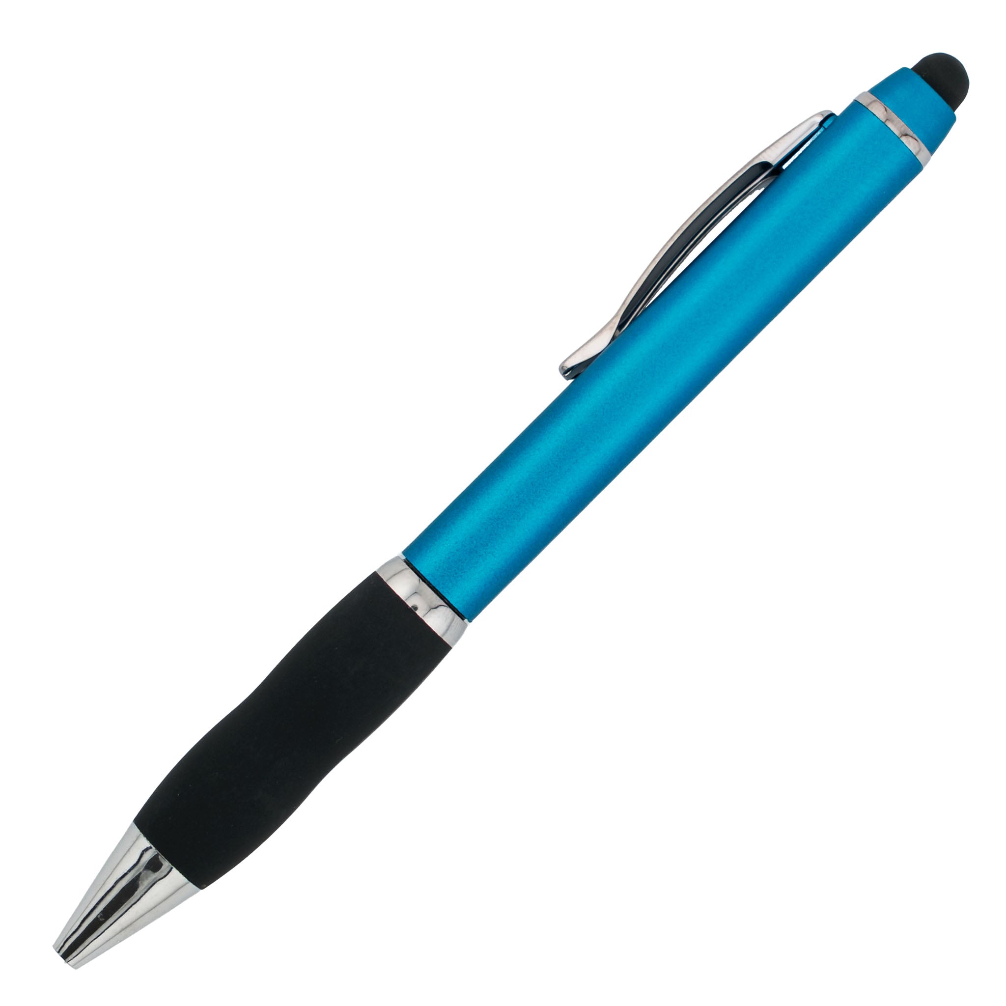 The PensXpress Xpress Stylus Gripper is a blue retractable ballpoint pen with a black rubber grip, silver accents, pocket clip, and a black stylus tip—ideal for promotional campaigns.