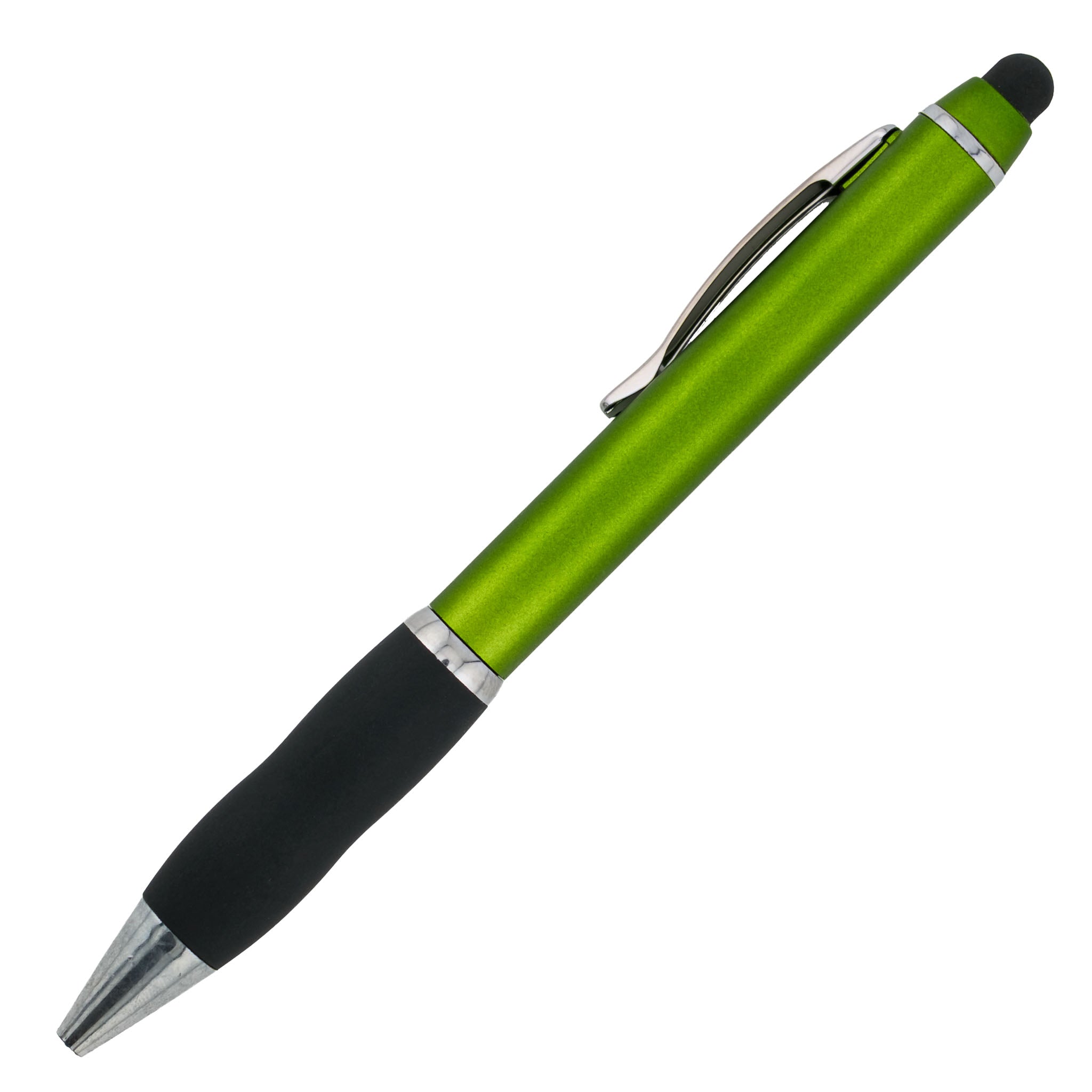 A green PensXpress Xpress Stylus Gripper ballpoint pen with a black grip, silver clip, and tip is displayed diagonally on a white background—perfect for custom or promotional pens.