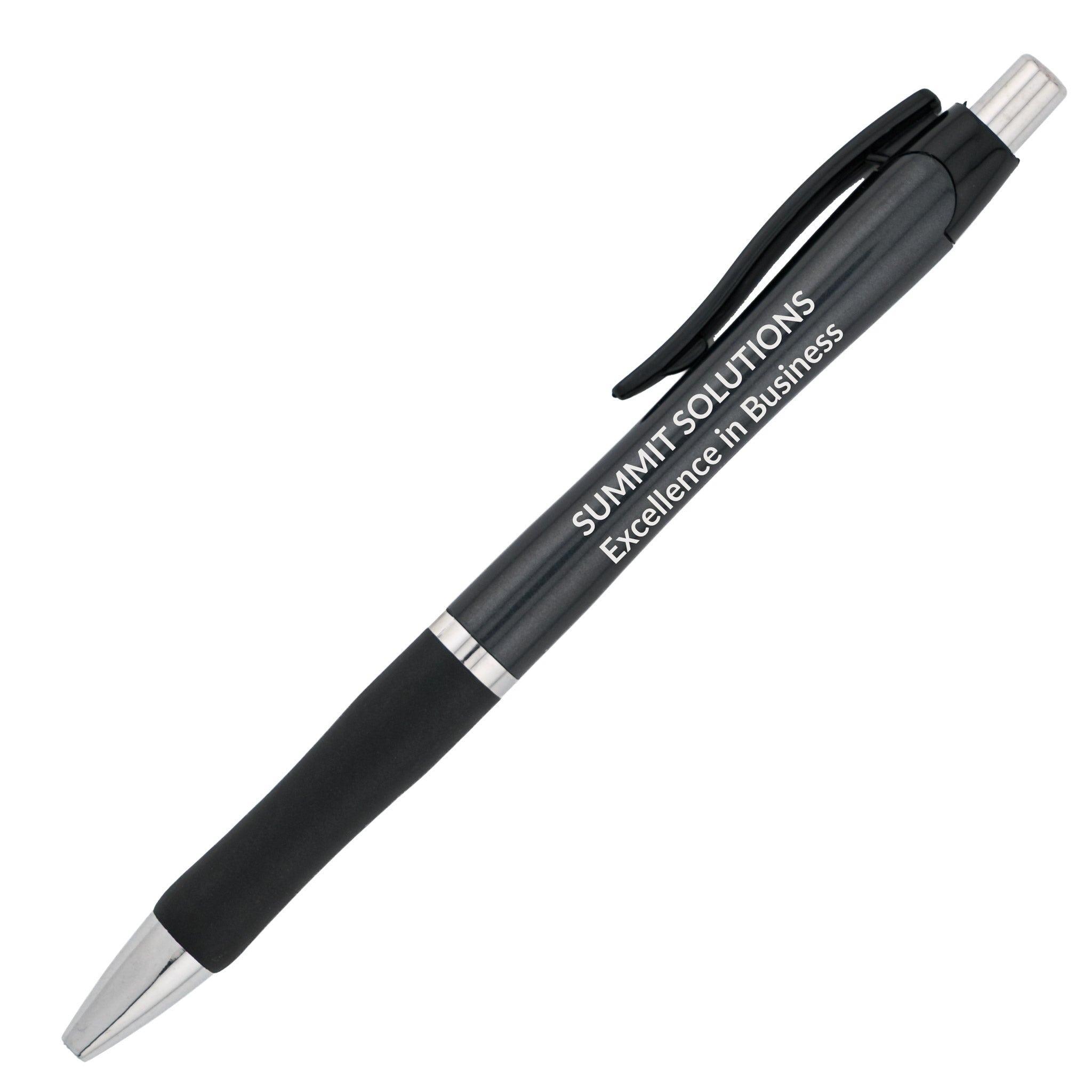 The Xpress Sync by PensXpress is a black and silver retractable ballpoint pen with "SUMMIT SOLUTIONS Excellence in Business" printed in white on the barrel—ideal for anyone looking for stylish, personalized pens.