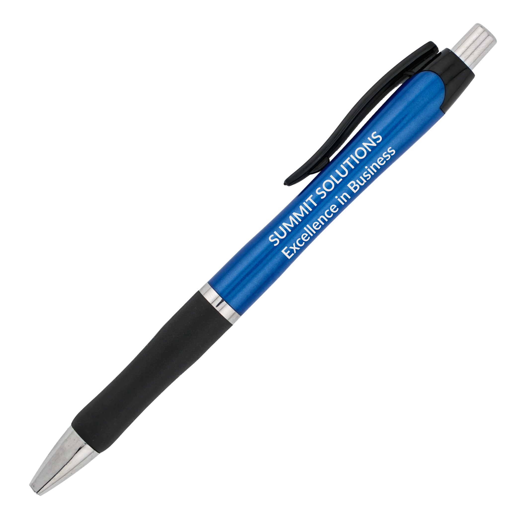 The Xpress Sync by PensXpress is a blue and black ballpoint pen with "SUMMIT SOLUTIONS Excellence in Business" printed in white, featuring a silver tip and clip plus a black grip for comfortable writing.