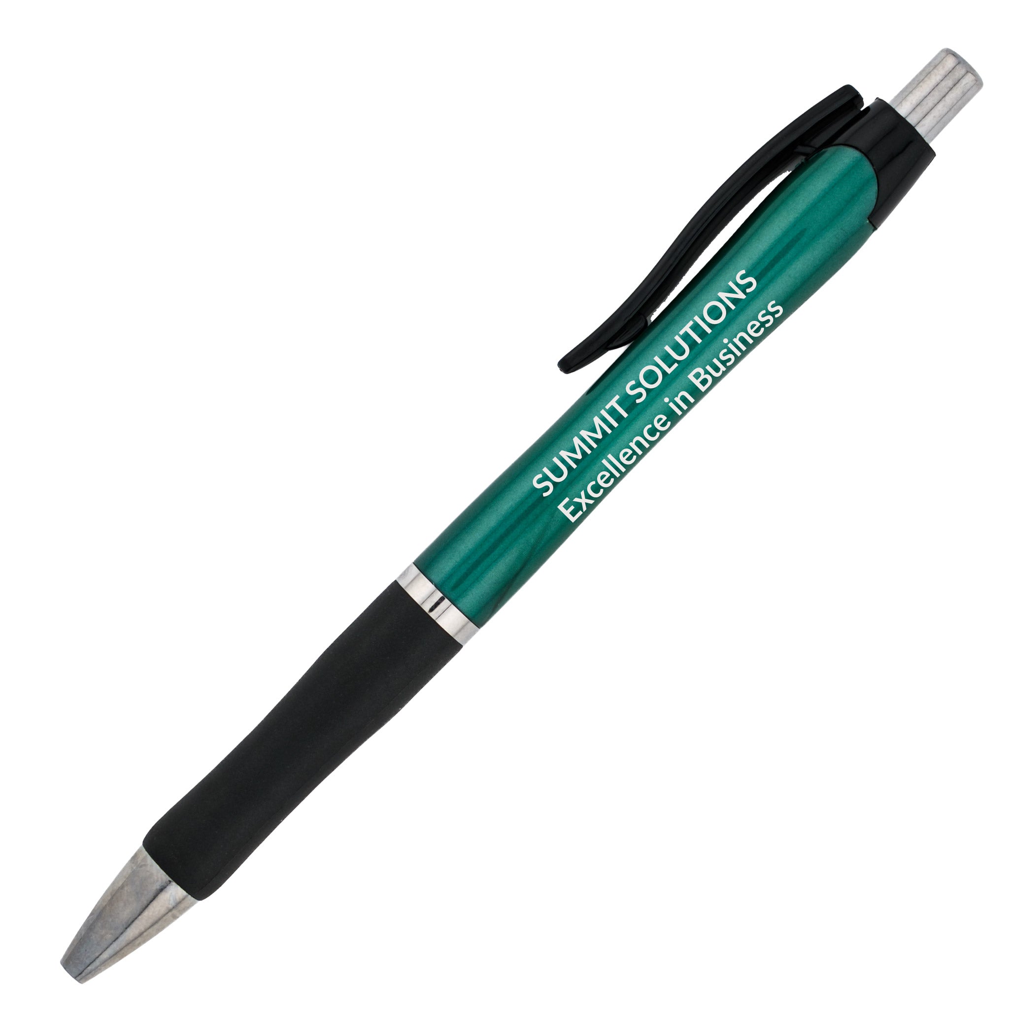 The Xpress Sync from PensXpress is a green and black retractable pen with "SUMMIT SOLUTIONS Excellence in Business" printed in white on the barrel—an ideal personalized promo item to enhance your brand at any event.