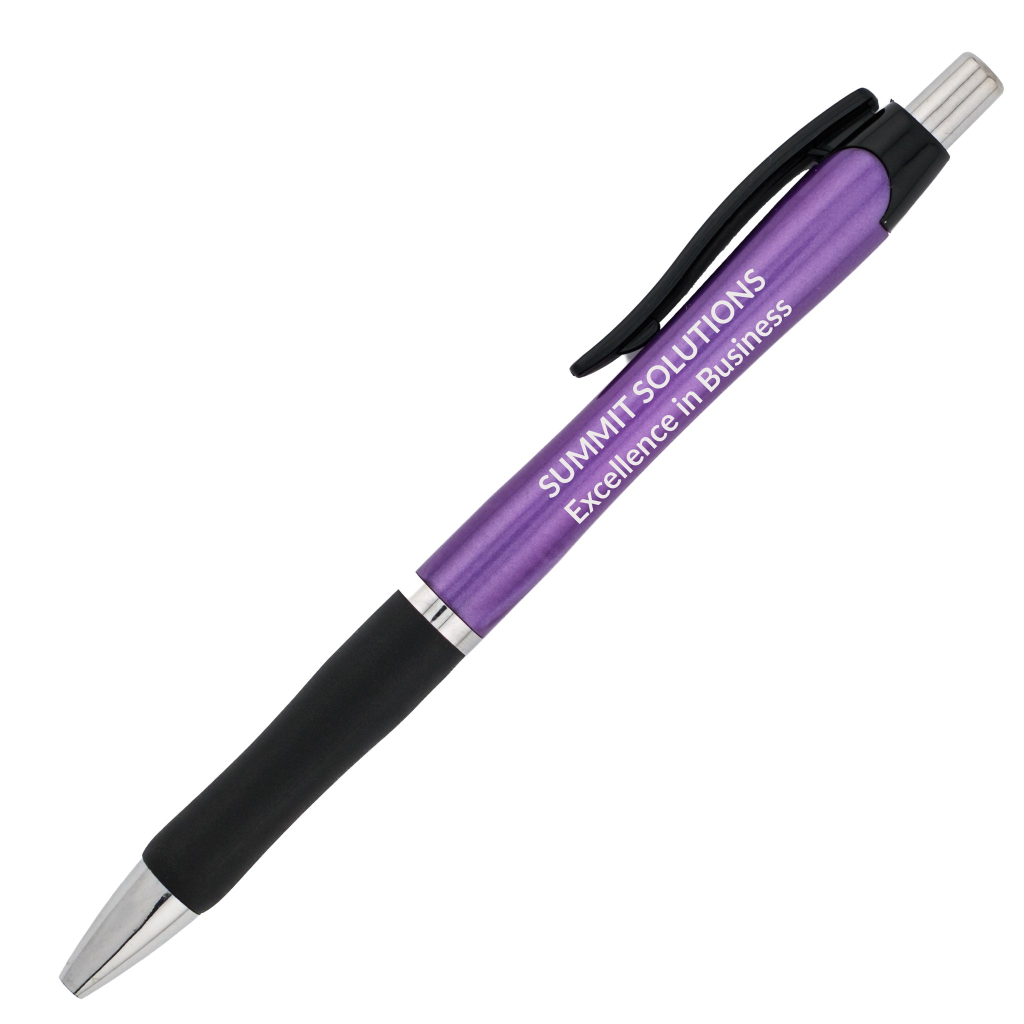 A purple and black PensXpress Xpress Sync pen with a silver tip and clip, featuring "SUMMIT SOLUTIONS Excellence in Business" printed in white—ideal for promotional use or as a personalized gift.