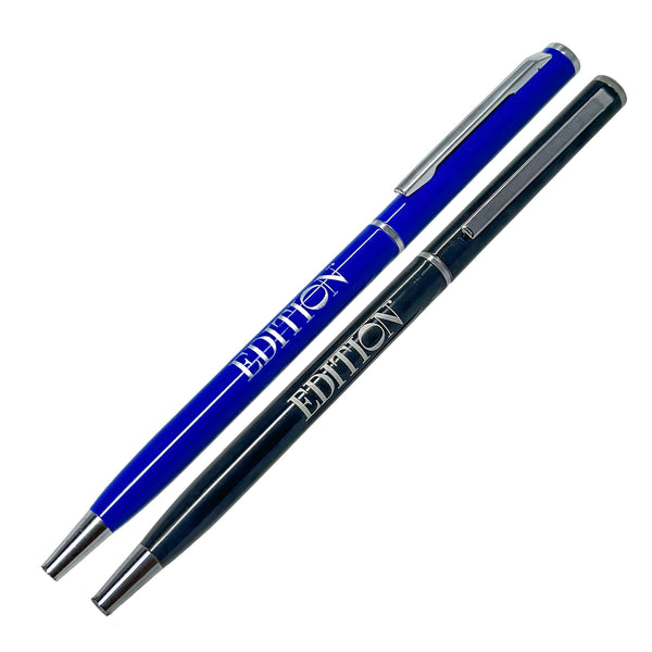 The Xpress Ultra Slim Metal pen set by PensXpress includes blue and black ballpoint pens with silver tips, clips, and EDITION on the barrels—luxury writing instruments for everyday elegance.
