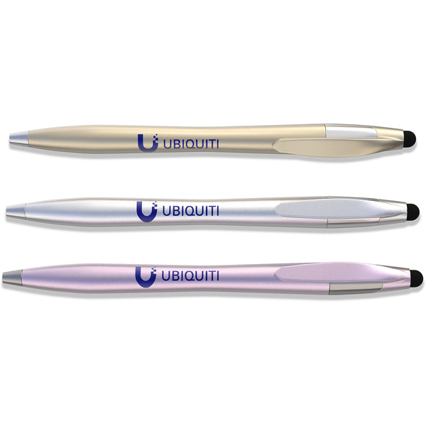 The Xpress Noah Stylus Element by PensXpress includes three metallic pens—gold, silver, and pink—all with premium finishes, silver clips, black stylus tips, and blue UBIQUITI logo and text.