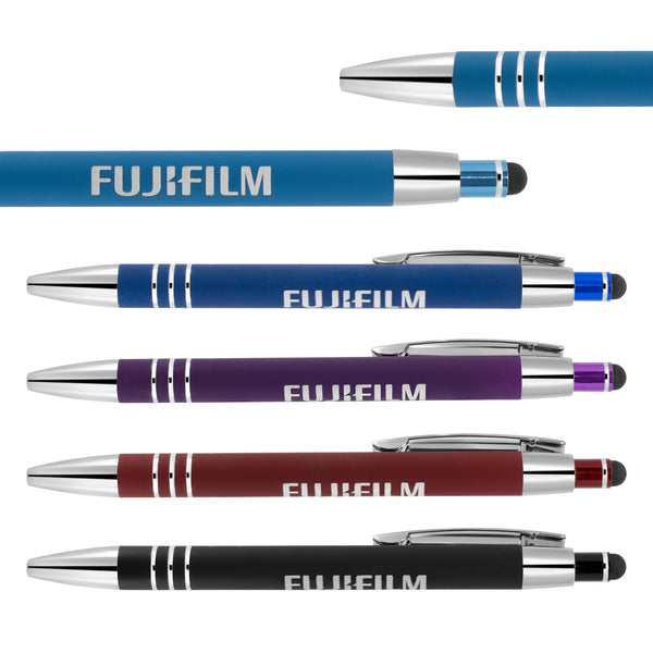 Set of five Xpress Aska ballpoint stylus pens in blue, light blue, purple, red, and black with silver clip and tip. Branded with the Fujifilm logo, these customizable pens work seamlessly on touch-screen devices.