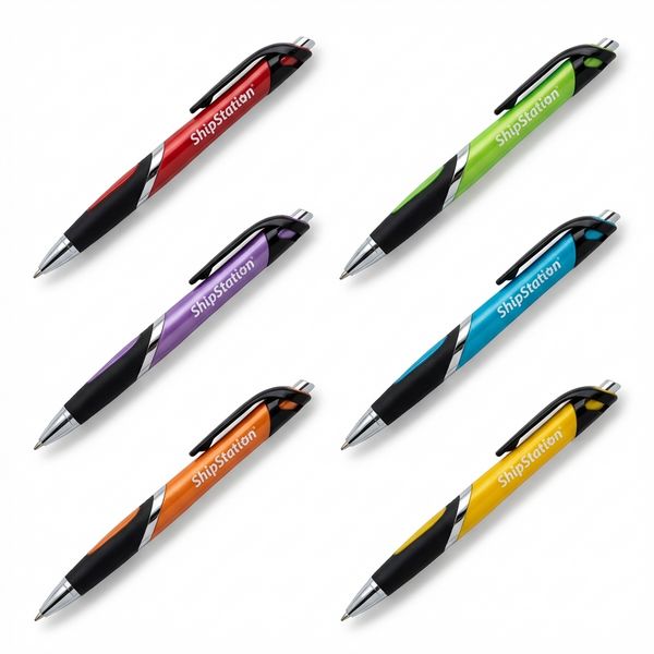 Six Xpress Helium retractable pens by PensXpress in red, green, purple, blue, orange, and light blue feature black grips, silver accents, and ShipStation printed on the barrel—an ideal promotional pen set.