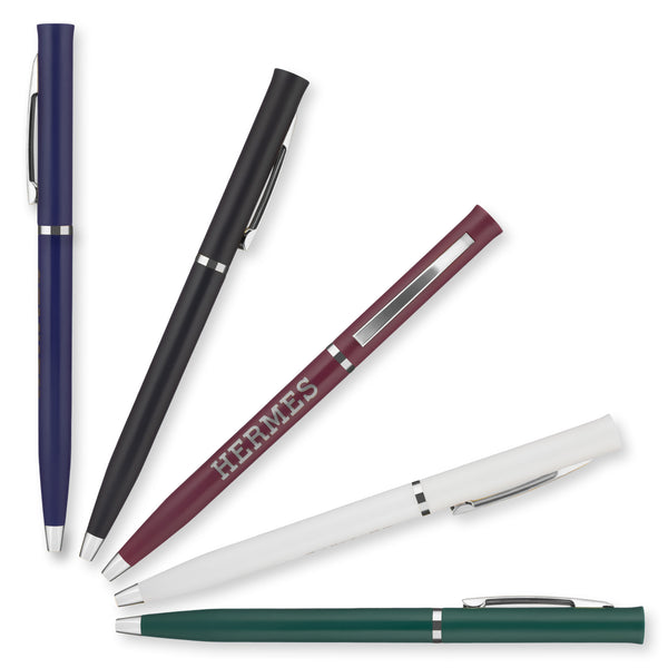 Five PensXpress Silver Classic Matte Twist pens in navy blue, black, burgundy (with HERMES text), white, and dark green are fanned out on a white background. Each pen has silver accents—ideal for wedding favors or promotional events.