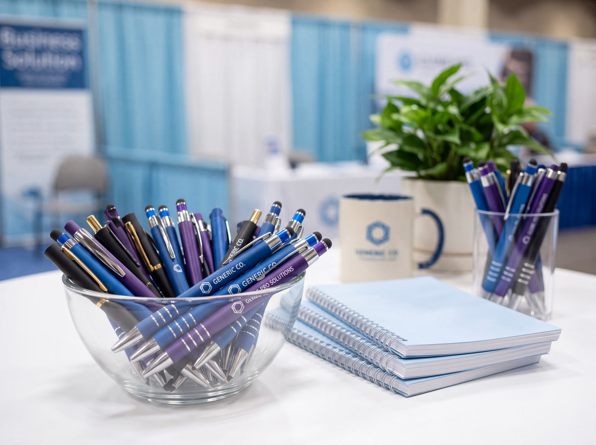 Bowl of custom-printed promotional pens on a trade show giveaway table, with notebooks and a branded mug