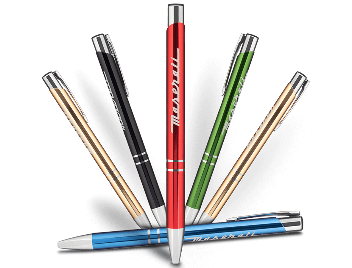 Six custom metal pens in gold, black, red, green and blue, engraved with a company logo