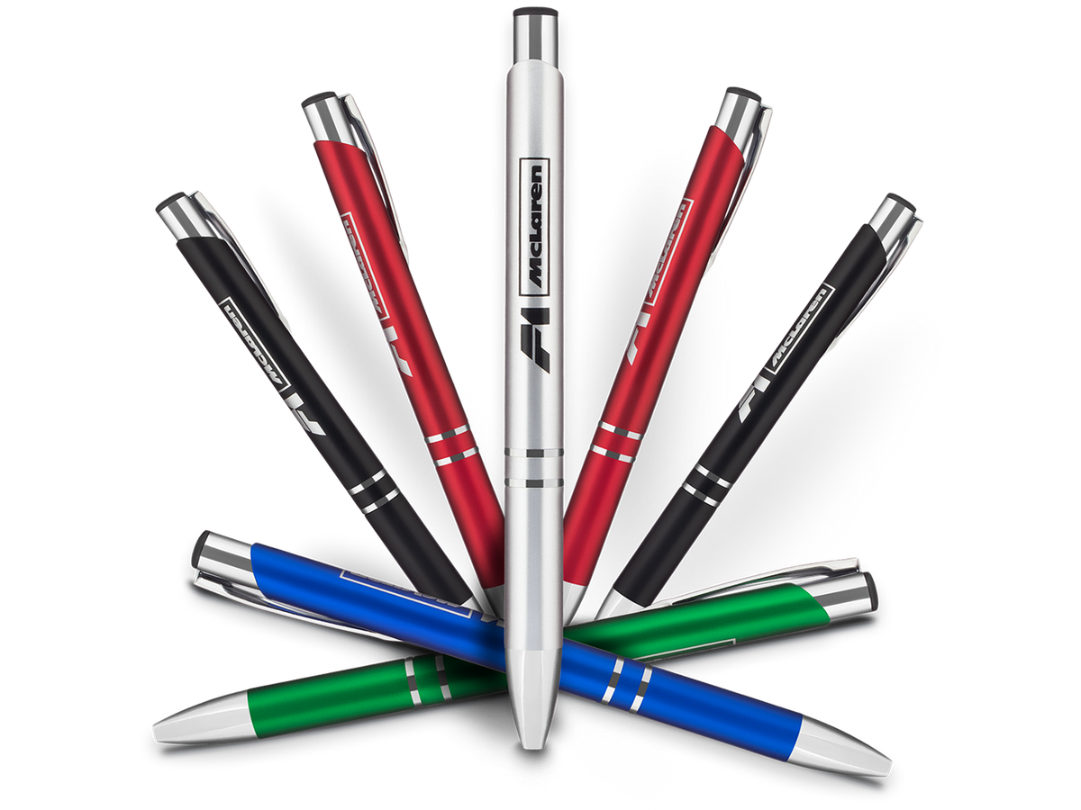 Seven custom metal pens in silver, red, black, blue and green, engraved with a company logo