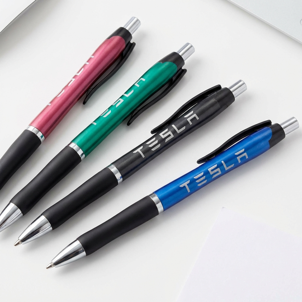 Four Tesla branded pens in different colors on a white surface