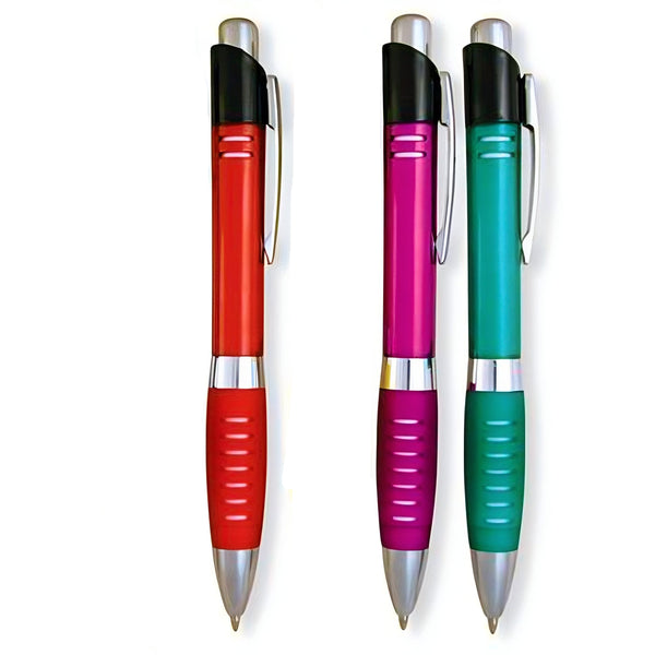 The AllStar by PensXpress: five retractable pens in blue, red, yellow, purple, and teal. Each features a silver clip/tip, matching grip, black top with silver clicker—ideal for custom branding.