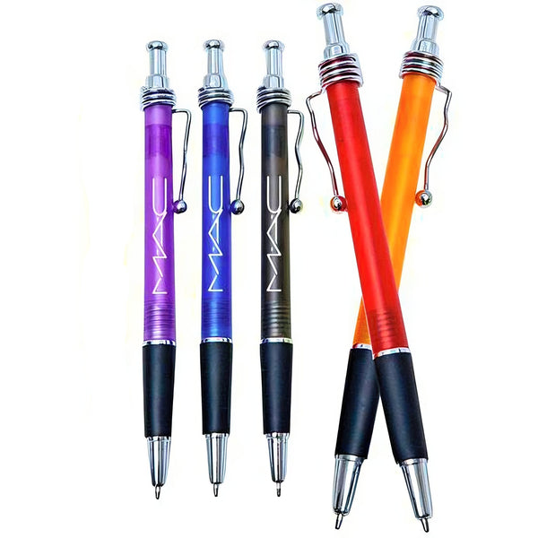 Five retractable PensXpress Chelsea pens in purple, blue, black, red, and orange feature a silver clip, black grip, and vertical "MAC" print—ideal for promotional use or custom logo pens.