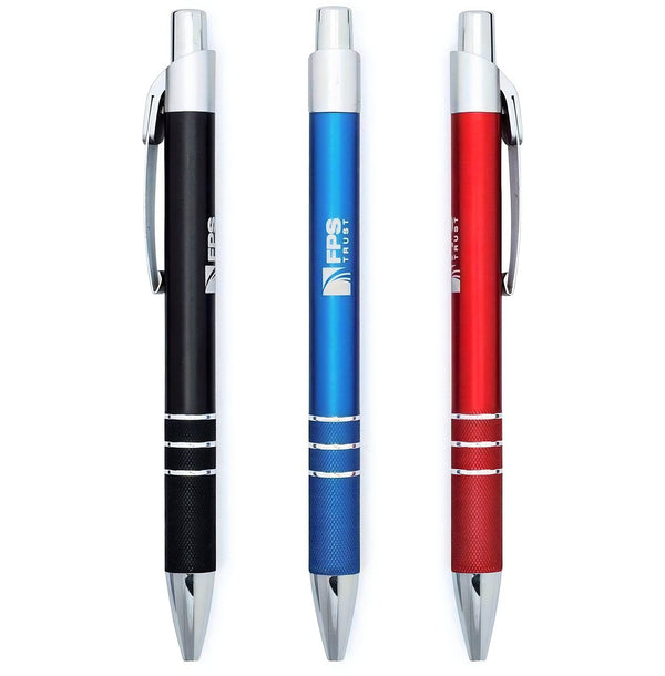 Three Xpress Crestone retractable pens by PensXpress, in black, blue, and red with silver accents and grips, are arranged vertically on a white background—ideal customizable promotional pens.