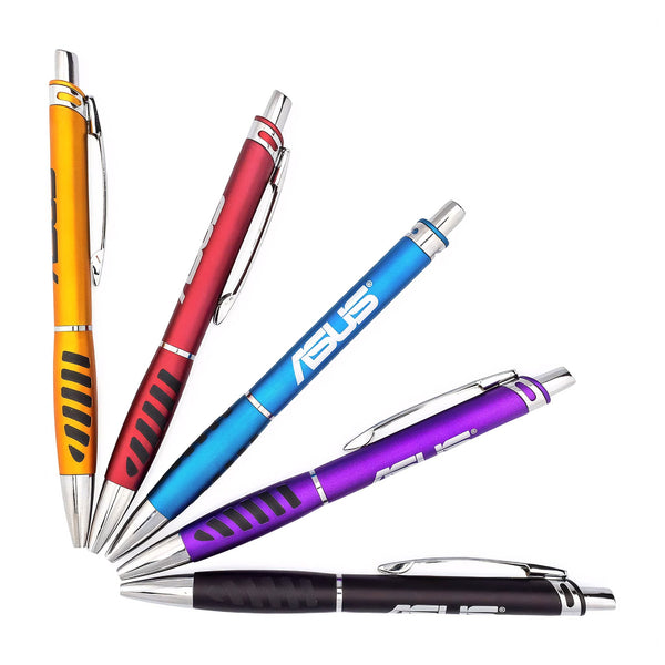 Five elegant Xpress Gavia pens by PensXpress—in yellow, red, blue, purple, and black with silver clips and tips—are fanned out on a white background. The blue pen features a custom logo on its barrel, perfect for personalized gifts.