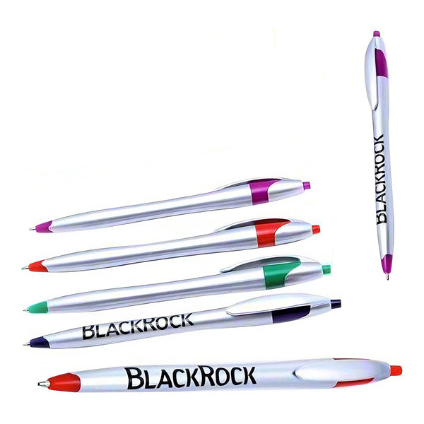 Six PensXpress Xpress Noah Silver retractable pens with colored tips and clips (red, green, purple, blue) are arranged on a white background. “BLACKROCK” is boldly custom printed on the barrels.