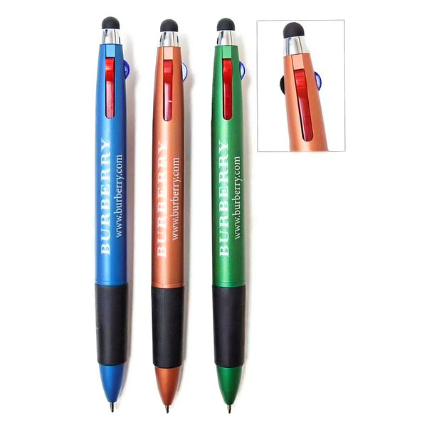 Three Xpress Stylus Tri Color pens by PensXpress in blue, orange, and green with black tips and rubber grips. Each displays the BURBERRY logo and website in white. Close-up of upper sections shown—ideal promotional pens.