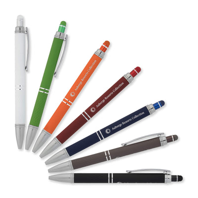 Seven Xpress Zircon Soft Touch Stylus pens by PensXpress—in white, green, orange, burgundy, navy blue, brown, and black—are fanned out. Each has a silver clip and tip with a matching colored stylus for touch screen use.