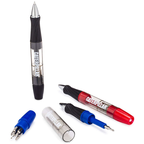 Three PensXpress Multi Tool Pens, customized with "Caterpillar," are displayed: one upright and two lying down. Their blue, clear, and red caps and tips are removed and placed nearby to showcase the pens' unique multi-tool features.