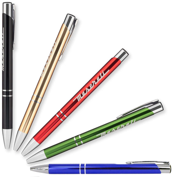 Five Paragon pens by PensXpress in black, gold, red, green, and blue with silver accents are arranged in a fan shape. Each barrel features laser engraving, making this an ideal personalized business pen set.