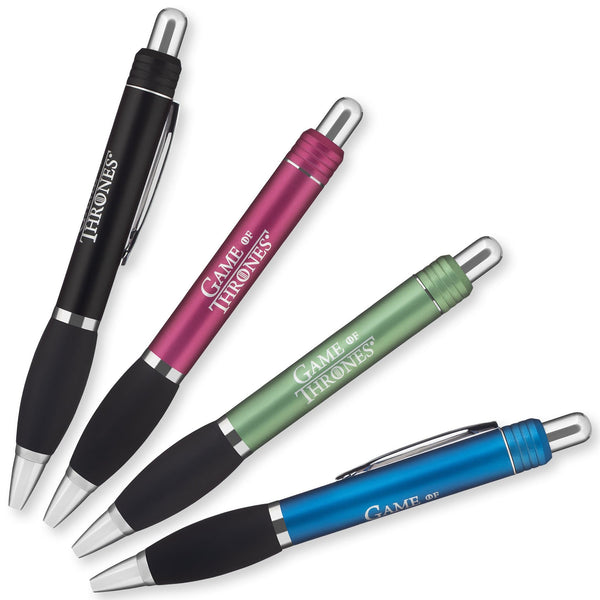The Derby by PensXpress: set of four blue ink ballpoint pens in black, pink, green, and blue, each with silver clip and accents. "Game of Thrones" is printed in white on the barrel—perfect for brand promotion.