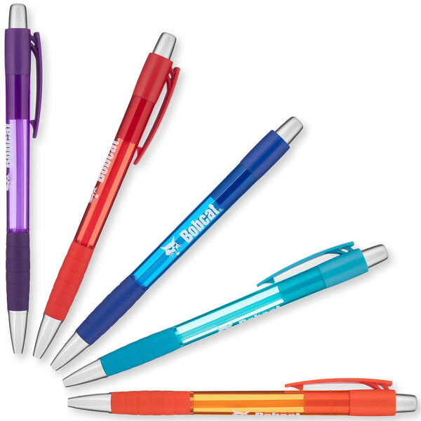 Five Xpress Audigy custom pens by PensXpress—purple, red, blue, teal, and orange—are fanned out on a white background. Each retractable pen features a silver tip and clip, plus translucent bodies with matching grip sections.