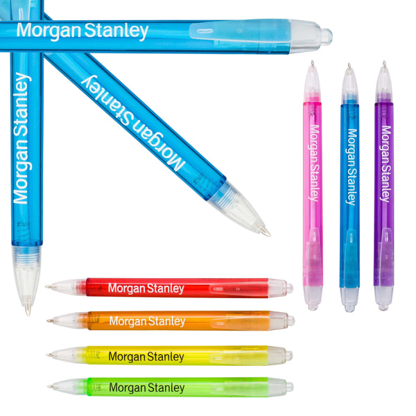 Eight PensXpress Xpress Confetti pens in blue, pink, purple, red, orange, yellow, and green are arranged in a pattern. Each customizable pen displays the Morgan Stanley logo in white; three blue pens are grouped in a fan.