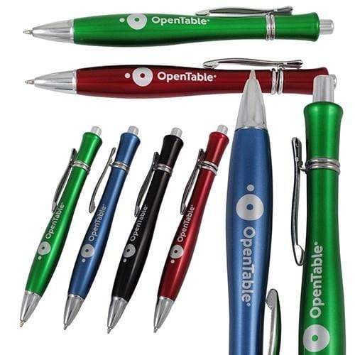 Xpress Denali promotional pens by PensXpress in green, red, blue, and black with silver accents and the OpenTable logo, shown from multiple angles.