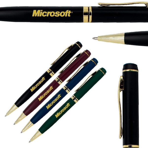 The Xpress Entrepreneur by PensXpress is a set of five pens in black, burgundy, blue, and green with gold accents and the Microsoft logo on the barrel. One pen is uncapped to show the tip—ideal for any corporate event.