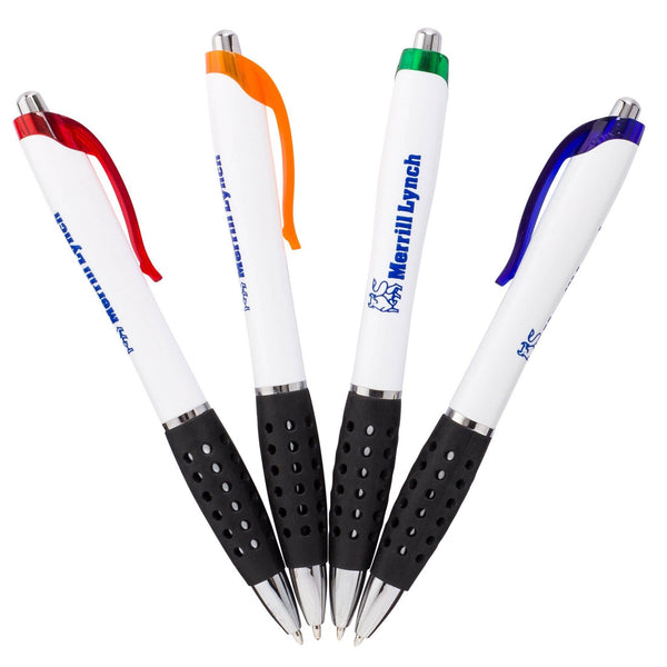 Four white PensXpress Xpress Soothe pens with black grips and colored clips (red, orange, green, blue), each featuring the Merrill Lynch logo and text in blue, are arranged tip-down for a striking promotional display.
