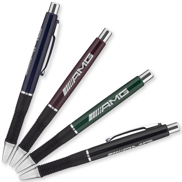 Four PensXpress Xpress Zeiss pens in navy blue, maroon, green, and black feature a silver clip and tip, black grip, and “AMG” in white on the barrel. The customizable pens are arranged diagonally with slight overlap.